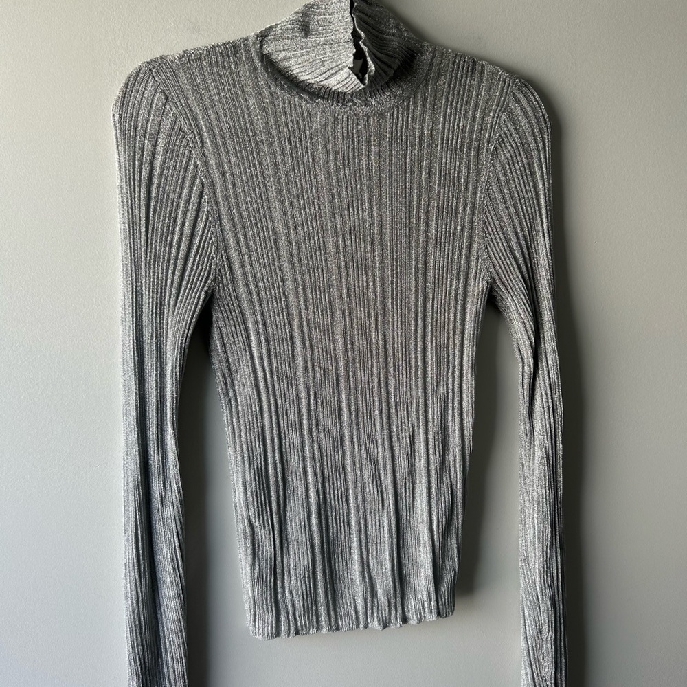 ALC silver metallic lightweight long sleeve semi sheer top - Picture 2 of 7